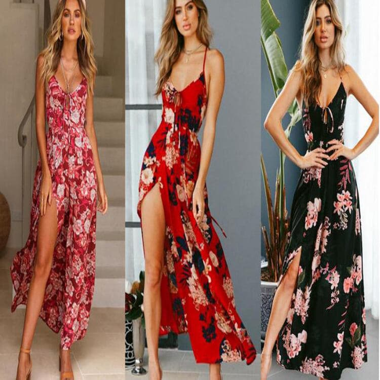 Spring and Summer 2023 New Dress Print Split Colorful V Neck Dress