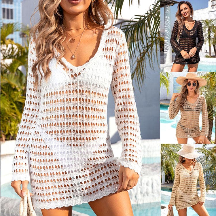 2024 New Summer Beach Shirt Hollow Long Sleeve Seaside Resort Swimsuit Sunscreen Cover Ups