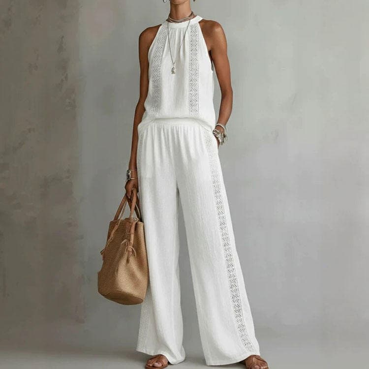 Wenshuo Hollow Sleeveless Top Wholesale Loose Casual Trousers Custom logo Simple Solid Color Suit Factory Directly