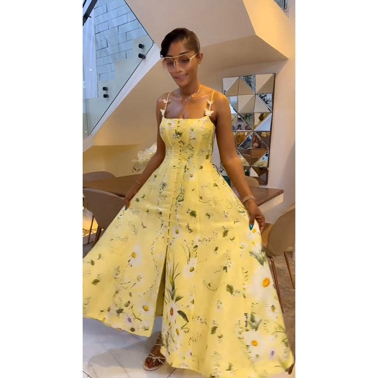 Wenshuo New Fashion Floral Print Button Slit Halter Midi Dress Fit Waist Women Casual Dress Summer Halter Backless Dress