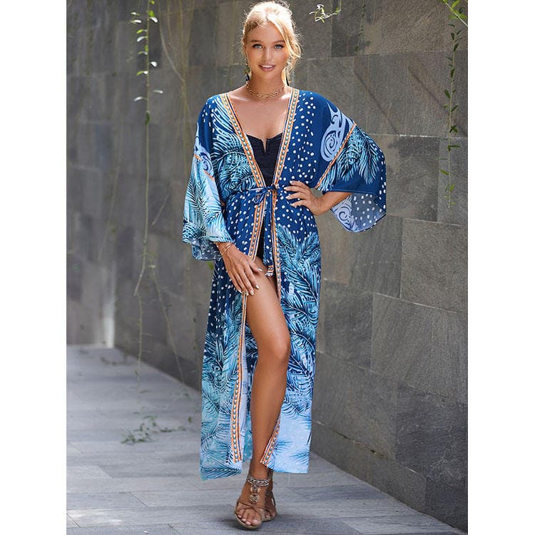 Rayon Fabric Blue Leaf Print Holiday Beach Cover up Belt Sunscreen Tunic