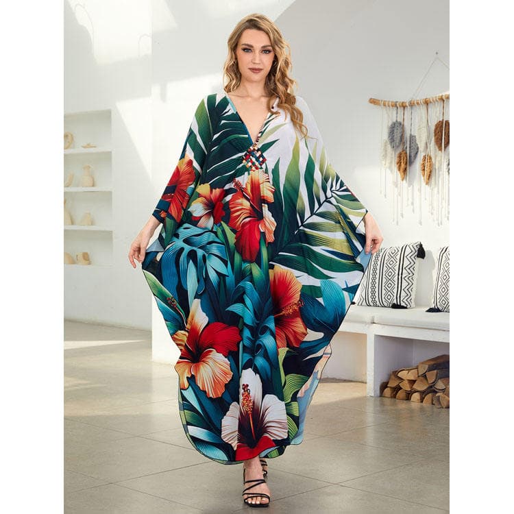 Positioning Printed Flowers Middle Hand Knitted Holiday Long Dress Beach Cover Ups for Women