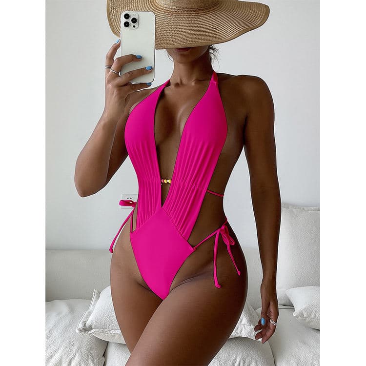 2023 Fashion Beads Bikini Backless One Piece Swimsuit Deep v Sexy Cutout Swimsuit