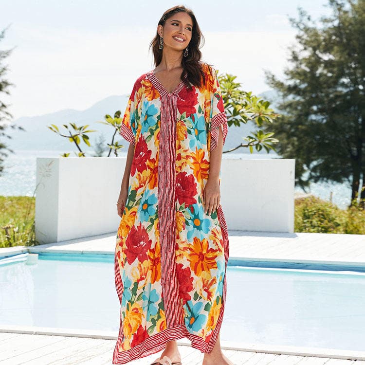 Wholesaler Loose Printed Flower Vacation Long Dresses Oversize Beach Sexy Cover Ups for Women