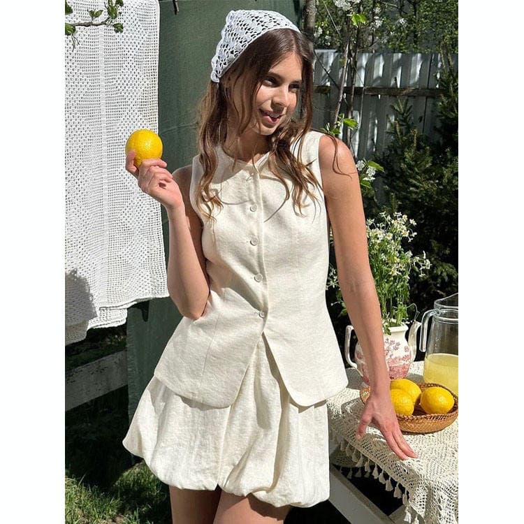 Wenshuo Simple Sleeveless Vest Wholesale 100% Cotton Puff Skirt Custom logo Solid Color Women Suit Factory Directly