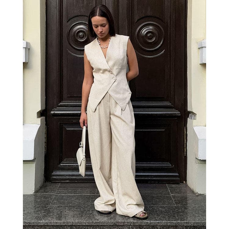 Wenshuo Office Cotton and Linen Vest and Wide Leg Pants Two Piece Set Sleeveless High Quality Women Set Wholesale Set