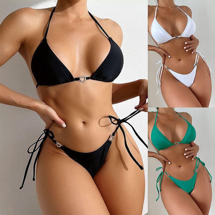 Solid Lace up Neck Open Back 2 Piece Bikini Love Decoration Bikini for Girls