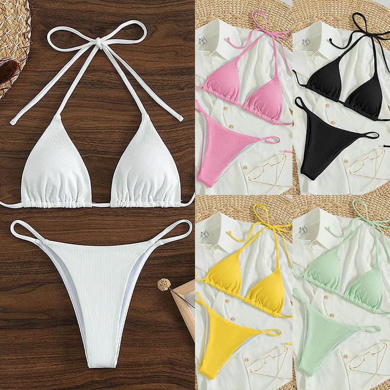 High Quality Sexy Solid Color Ribbed Halter Lace up Beach Bikini for Wading Sports