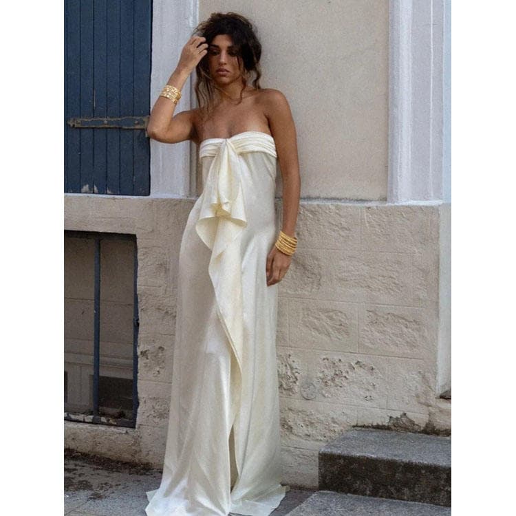 Wenshuo Simple Solid Color Dress Wholesale Fashion Satin Dress Custom logo Slit Maxi Dress Factory Direct