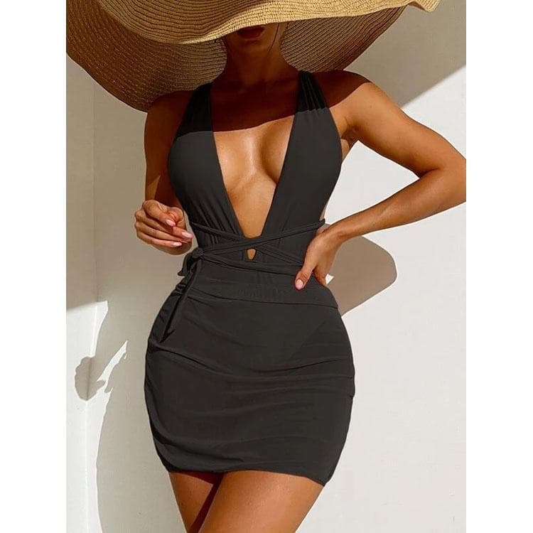 Wholesale Solid Color Deep V Bikini Sexy High Cut Swimsuit Bikini Backless Bandage Swimsuit Bikini