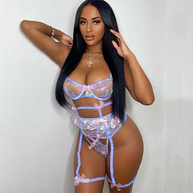 New Embroidered Sexy Lingerie 3 Piece Set Flower Fascination Girdle Garter Sexy Underwear Women