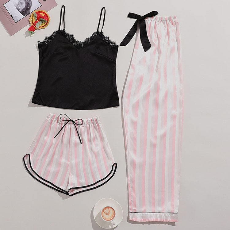 Summer Stripe Silk Pajamas pink Pajamas Three Pieces for Lady Soft Casual Halter Pajama Sets for Women
