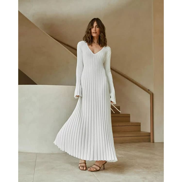 2026 Ladies Big Rib Knit Dress V Neck Long Ruffled Sleeve Dress Elegant Solid Slim Maxi Casual Dress