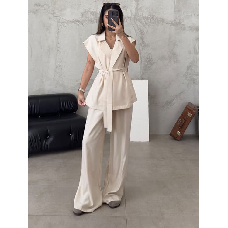 Solid Color Women Set Custom logo Lapel Sleeveless Tie Top Wholesale Loose Straight Pants Factory Directly