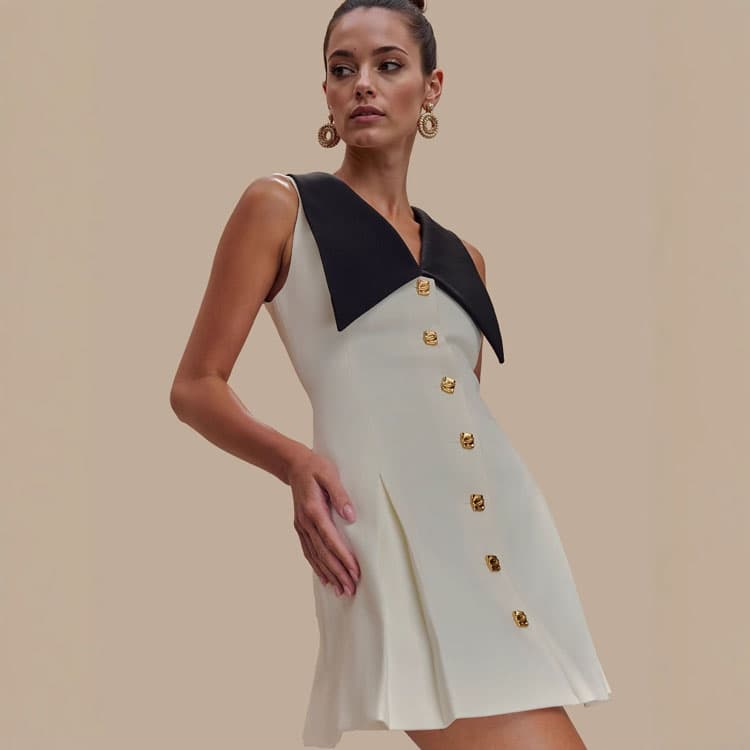 Metal Button a Line Dress Factory Direct Sleeveless Waist Cinching Dress Wholesale Pleated Short Dress Custom logo