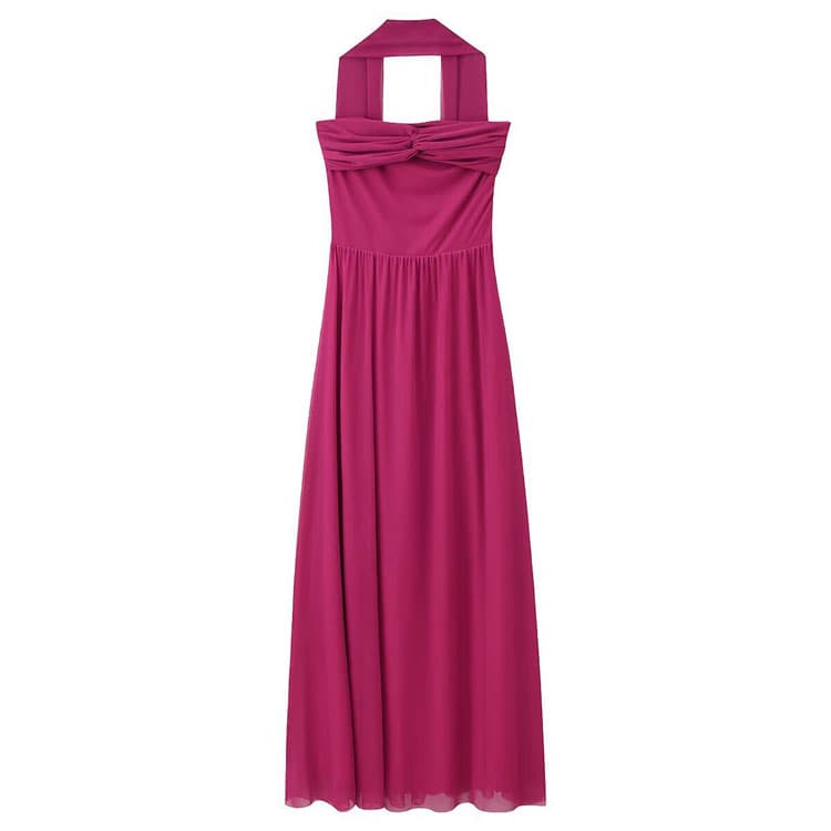 2026 New Women Casual Dress Solid Color Mesh Strapless Dress with Ribbons Elegant and Flowing Pleated Long Dress