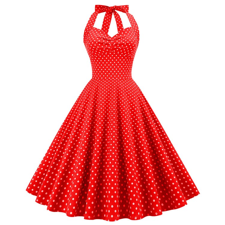 Hot Sale Retro Polka Dot Halter Neck Backless Strap Big Swing Dress Women