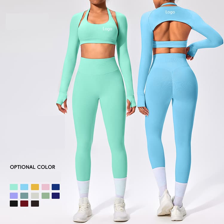 XS-L 90% Nylon 10% Spandex Seamless Gym Wear Tight Fit High Waist Hip Lift 3 Piece Long Sleeves Yoga Set