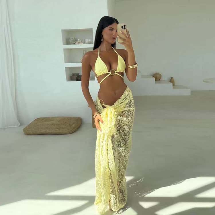 2026 Lace Cute Sexy Cream Yellow Bikini 3 Piece Set Sheer Luxury High Quality Swimwear Set Factory Direct