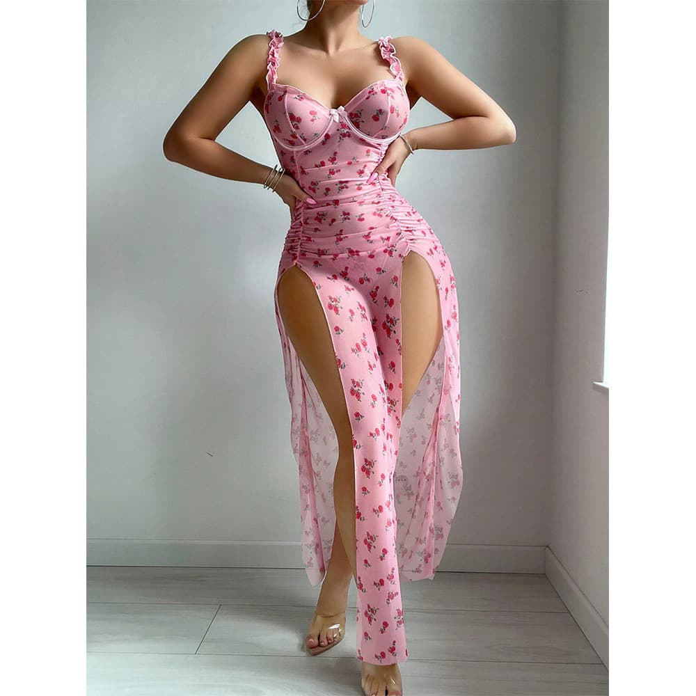 T Back pink Flower Long Skirt Wholesale See Through Sexy Lingerie Two-piece Women Sexy Lingerie