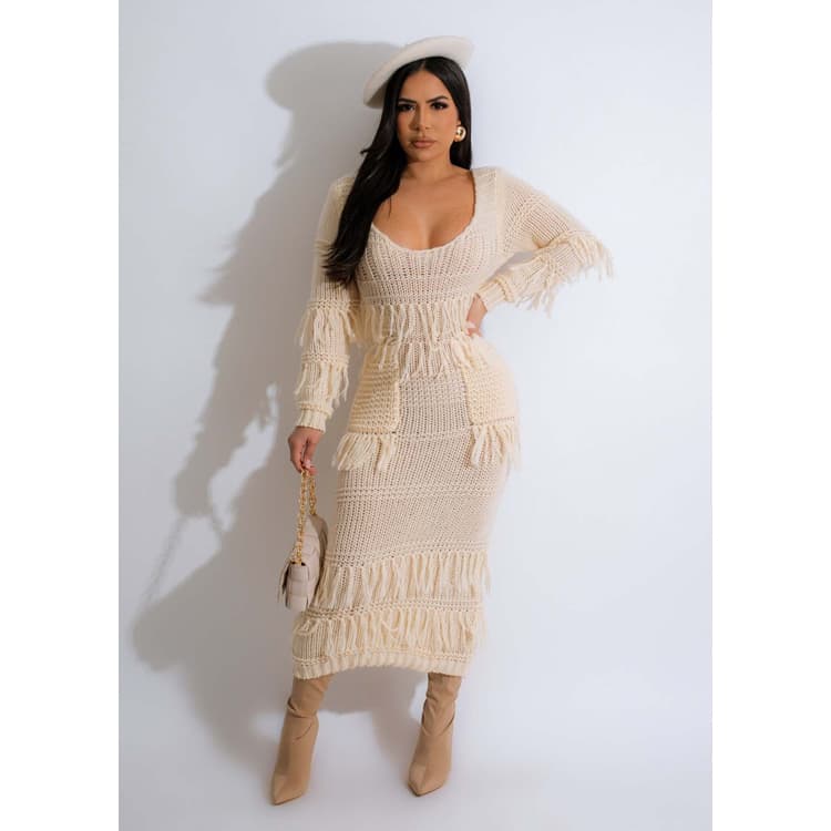 New Sexy Knit Dress Hand Crochet Women Holiday Dress U Neck Long Sleeve Tassel Casual Dress With Pockets