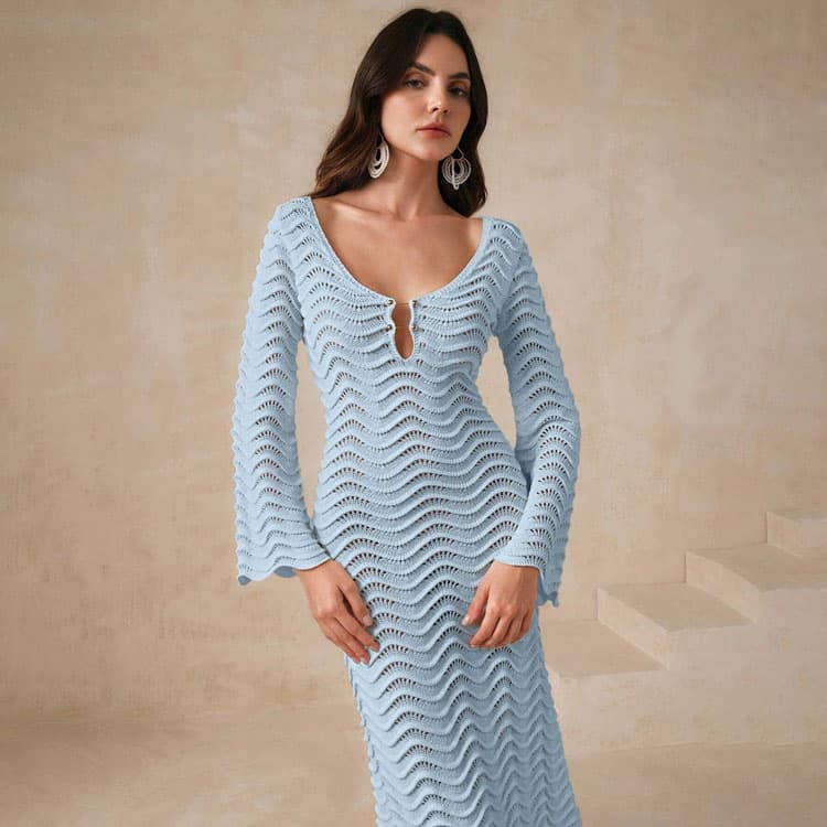 Deep V Long Sleeved Dress Custom logo Hollow Striped Beach Skirt Wholesale Fashion Knitted Skirt Factory Directly