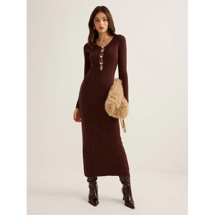 Sexy V Neck Dress Custom logo Solid Color Knit Dress Wholesale Hollow Long Sleeve Dress Factory Direct