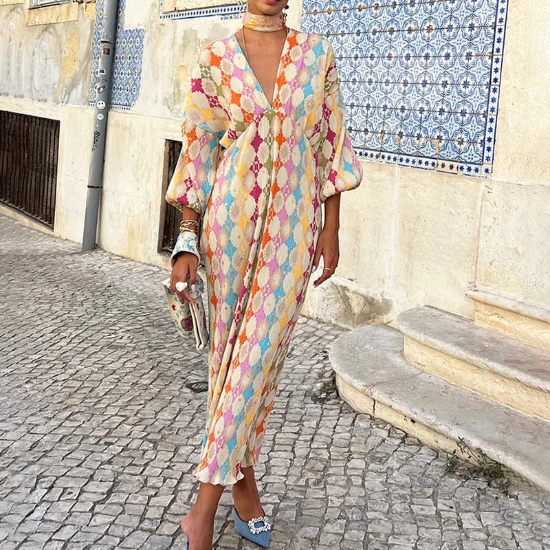 S-3XL Deep V Neck Long Dress Wholesale Lantern Sleeve Dress Manufacturer Printed a Line Skirt Factory Directly