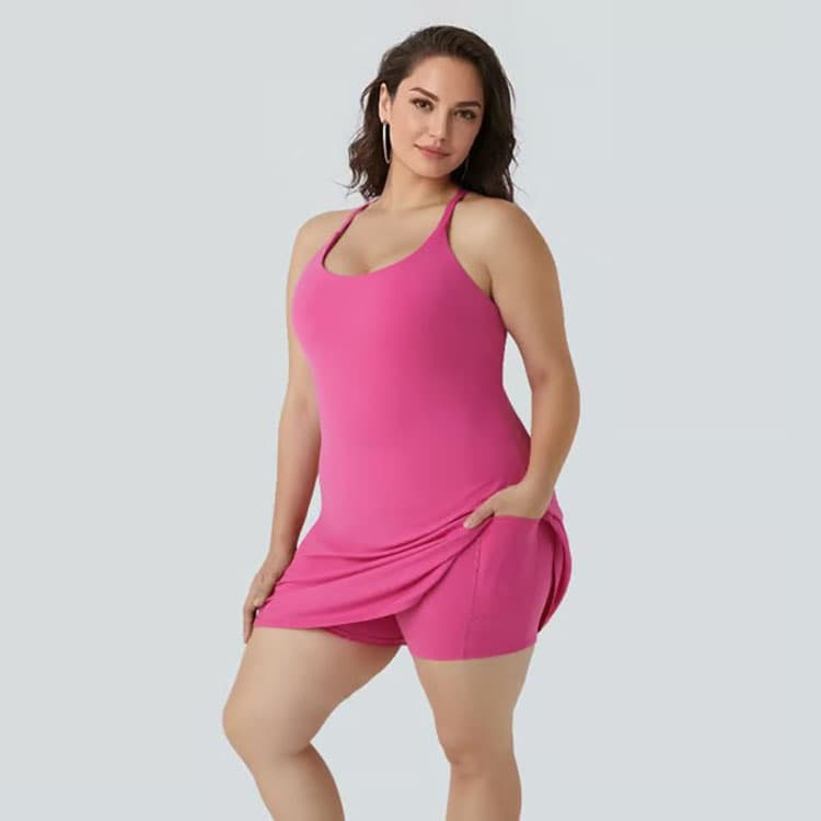 XS-5XL Women Plus Size Anti See Through Sports Dress with Built in Shorts with Pocket Design Yoga Wear