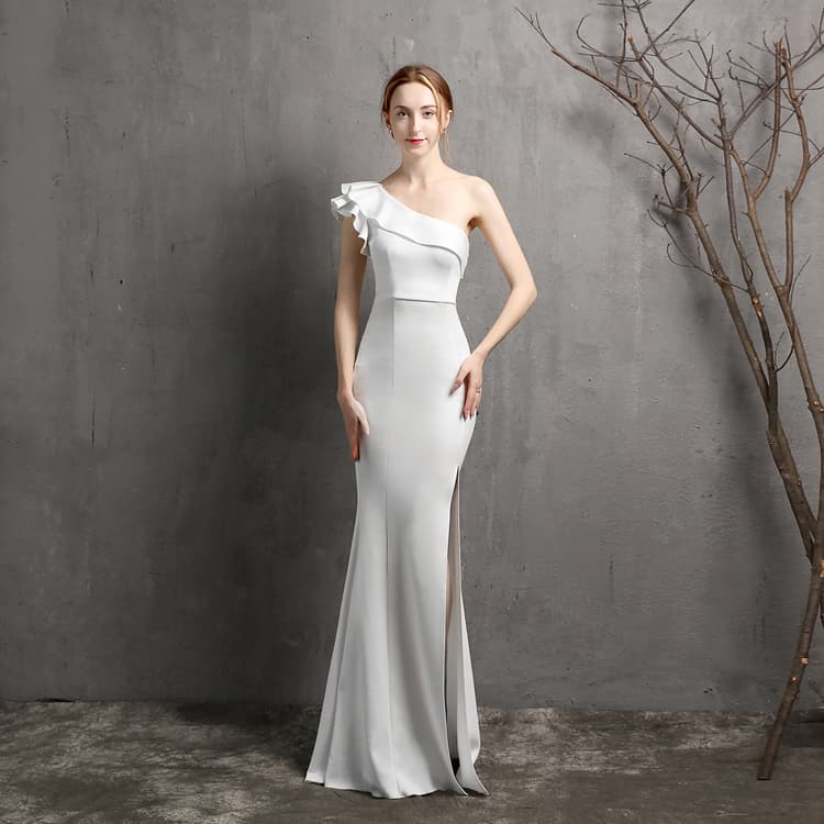 2024 Evening Dress for Women New Style Banquet One Shoulder Ruffle Solid Color Dress Dignified Elegant Slim Fishtail Dress