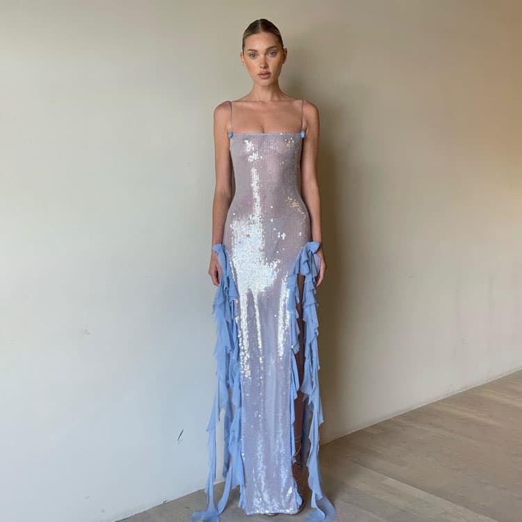 New Sexy See Through Gown Long Evening Dress with Sequins 3D Flowers and Lace Trim Spaghetti Strap Maxi Dress