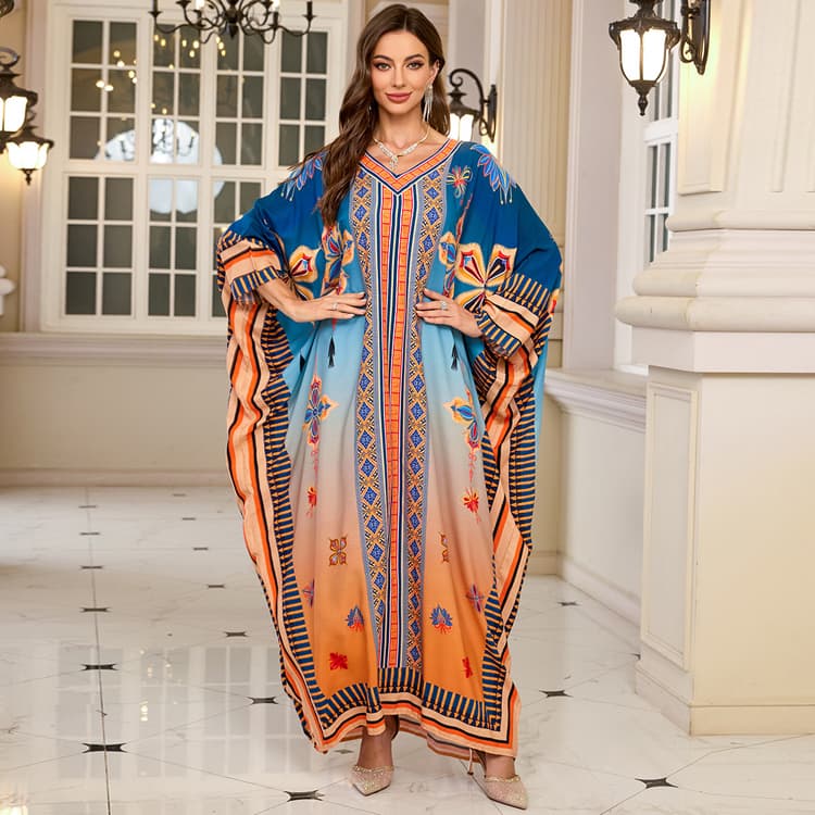 Rayon Beach Cover up with Bat Sleeves and Placement Print Boho Summer Resort Wear Bikini Wear