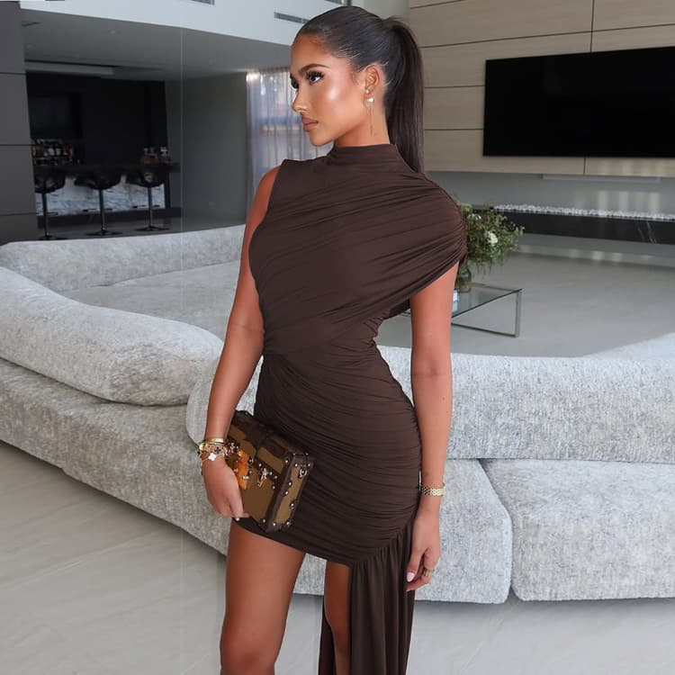 New Solid Color Fashion Slim Fit Dress Pleated Bodycon Dresses Irregular Sleeveless Dresses