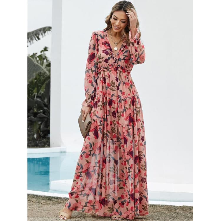 V Neck Printed Dress Custom logo Casual Mesh Dress Directly Pleated Long Sleeved Dress Wholesale