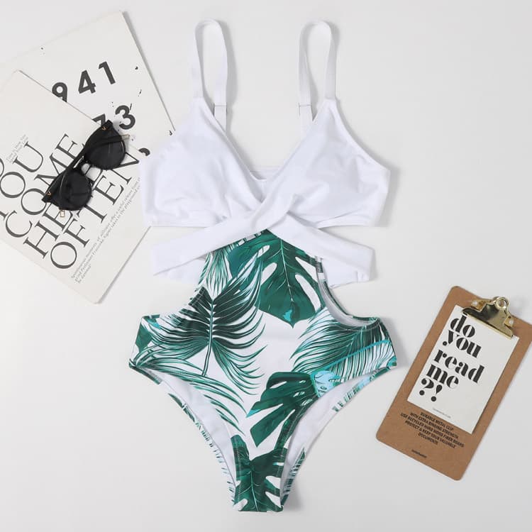 Sexy New One Piece Swimsuit Hot Sale Bandage Design Bikini Leaf Printing Swimwear