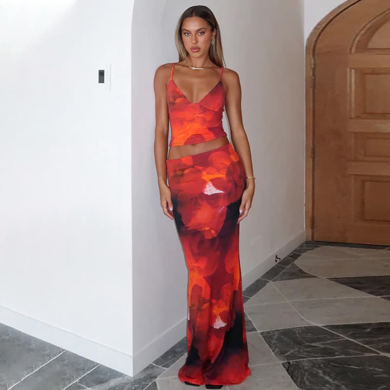 Women Set 2024 Summer New Fashion Print 2 Piece Skirt Set Sexy V Neck Vest Slim Skirt Casual Set Wholesale