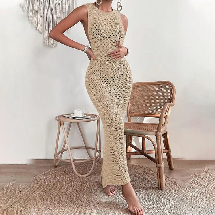 2024 New Solid Sexy Hollowed Out Crochet Bikini Swimsuit Beach Cover Ups Women Knitted Dress