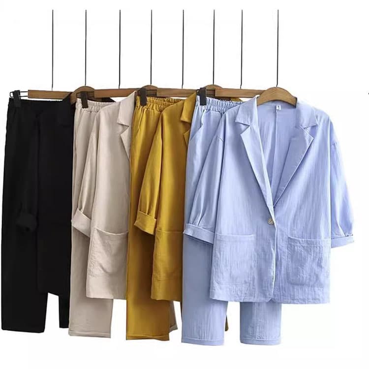 S-5XL Cotton and Linen Women's Suit Wholesale Short Sleeves Pocket Top Custom logo Elastic Straight Pants Factory Directly
