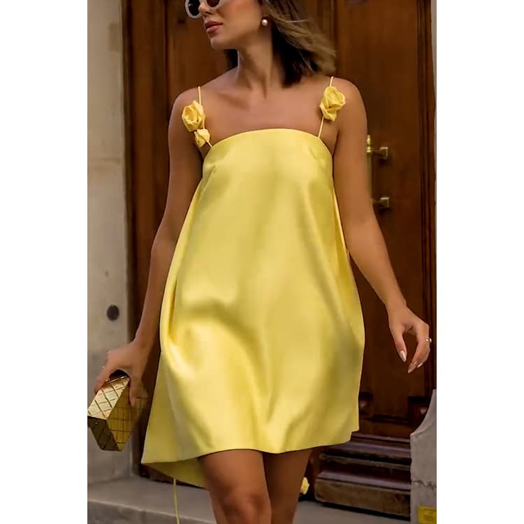 2025 Women Satin Dress New 3D Flower Halter Solid Color Satin Casual Dress Loose Vacation Women Dress
