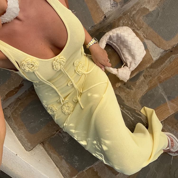 New Solid Color Beach Dress Women Knitted Floating Flower Bikini Cover Dresses