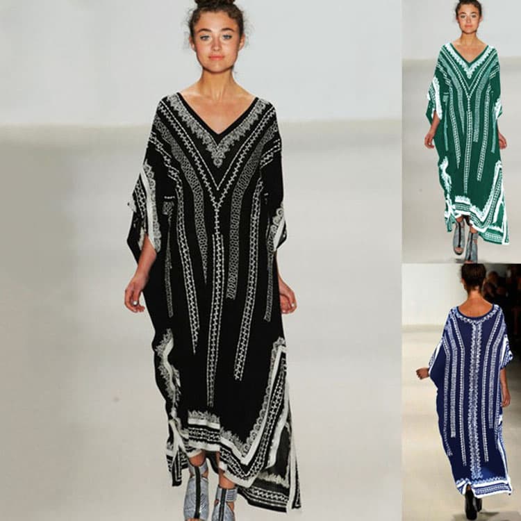 Unique Rayon V Neck Dress With Black Background and White Pattern Cover up Women