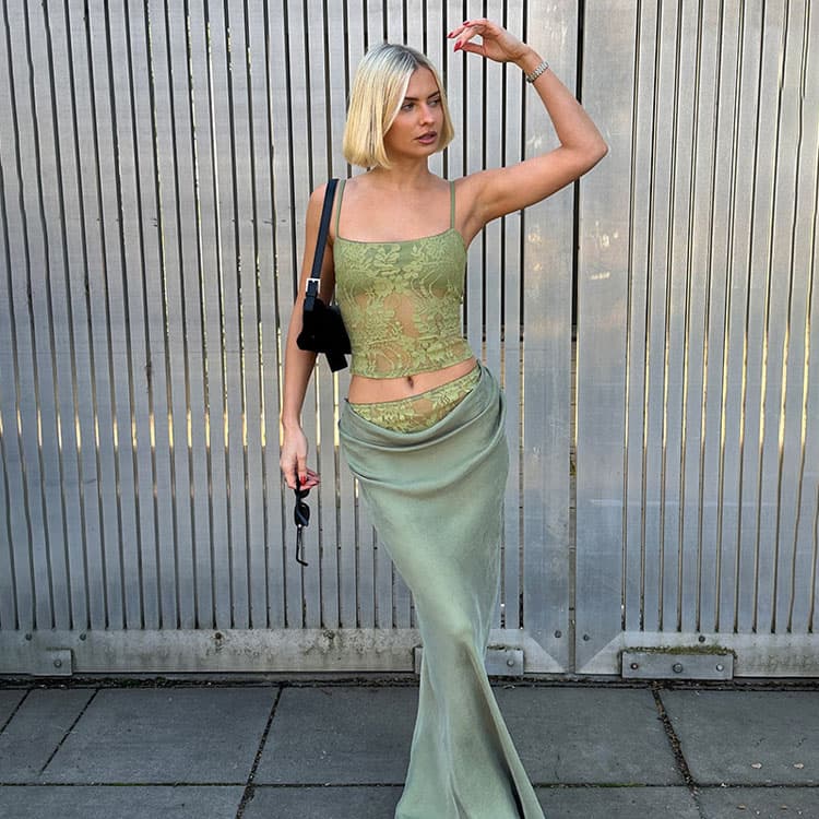 Sexy slip Skirt Set Custom logo Embroidered Flower Hollow Top Wholesale Fishtail Beach Skirt Factory Directly