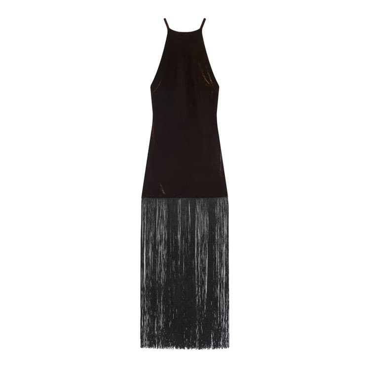 2026 New Women Midi Casual Dress Versatile Tassel Velvet Halter Dress Lady Sexy Brown Party Dress