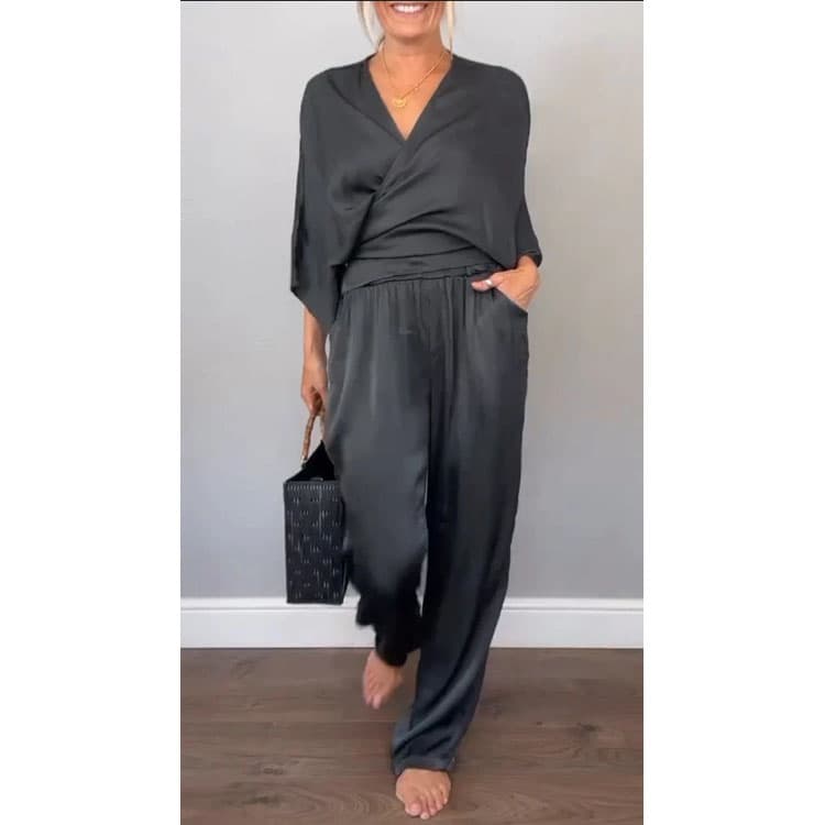 S-3XL Casual Satin Suit Custom logo V Neck Soft Top Wholesale Solid Color Trousers Factory Directly