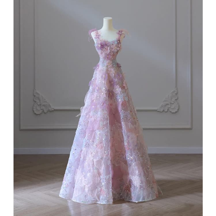 XS-5XL Shiny Flower Evening Dress Wholesale Mesh 3D Flower Dress Custom logo Sleeveless Long Dress Factory Directly