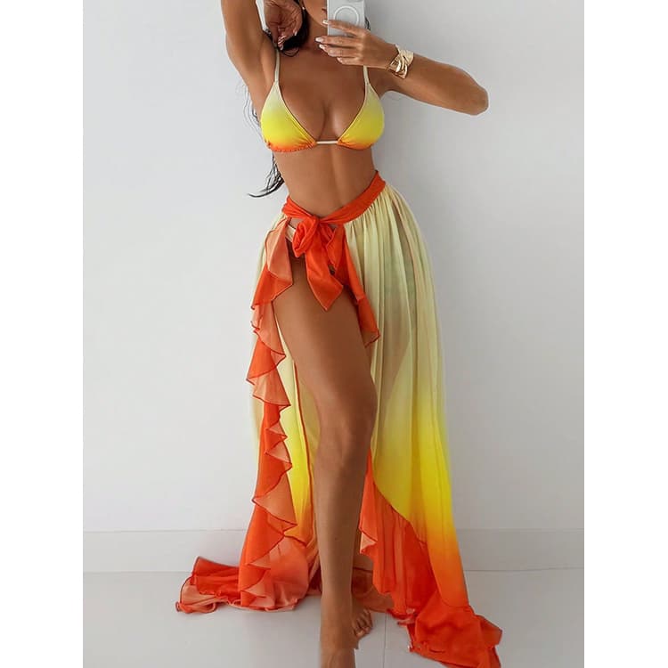 New XS-XL Middle Eastern Style Bikini with Ruffled Edge Cover Ups Triangle Sexy Gradient Color Swimsuit Orange Bikini Set
