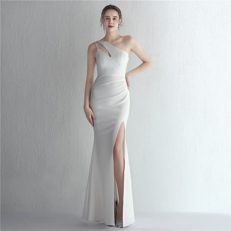 2024 New Satin Slim One Shoulder Hollow Celebrity Long Evening Dress Elegant Solid Color Simple Style Slit Women Evening Dress