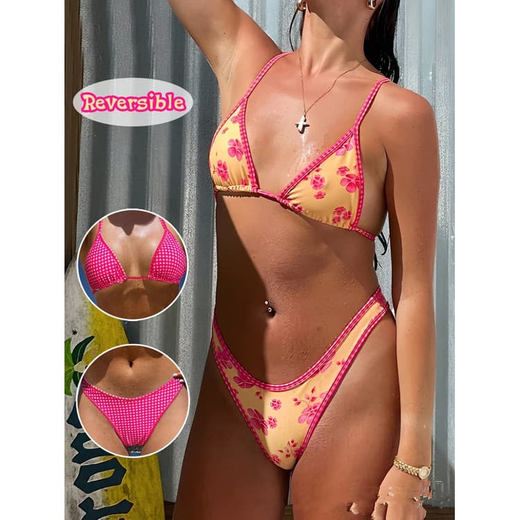2026 New Style Lace up Sexy Bikini Floral Print Swimsuit Reversible Swimwear for Women