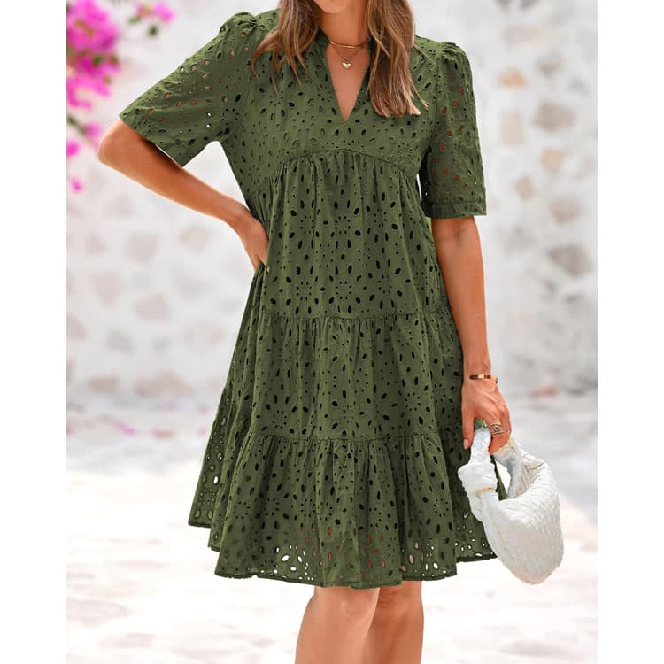 2025 New Hollow Out Solid Dress Simple Dresses Cute Elegent Short Sleeve Midi Sexy Casual Dress