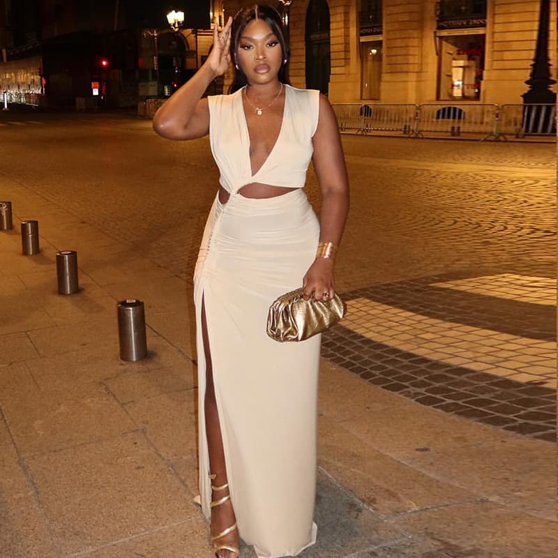 Wenshuo Stylish Deep V Neck Dress Wholesale Sleeveless Solid Color Dress Custom logo Sexy Drawstring Dress Factory Direct